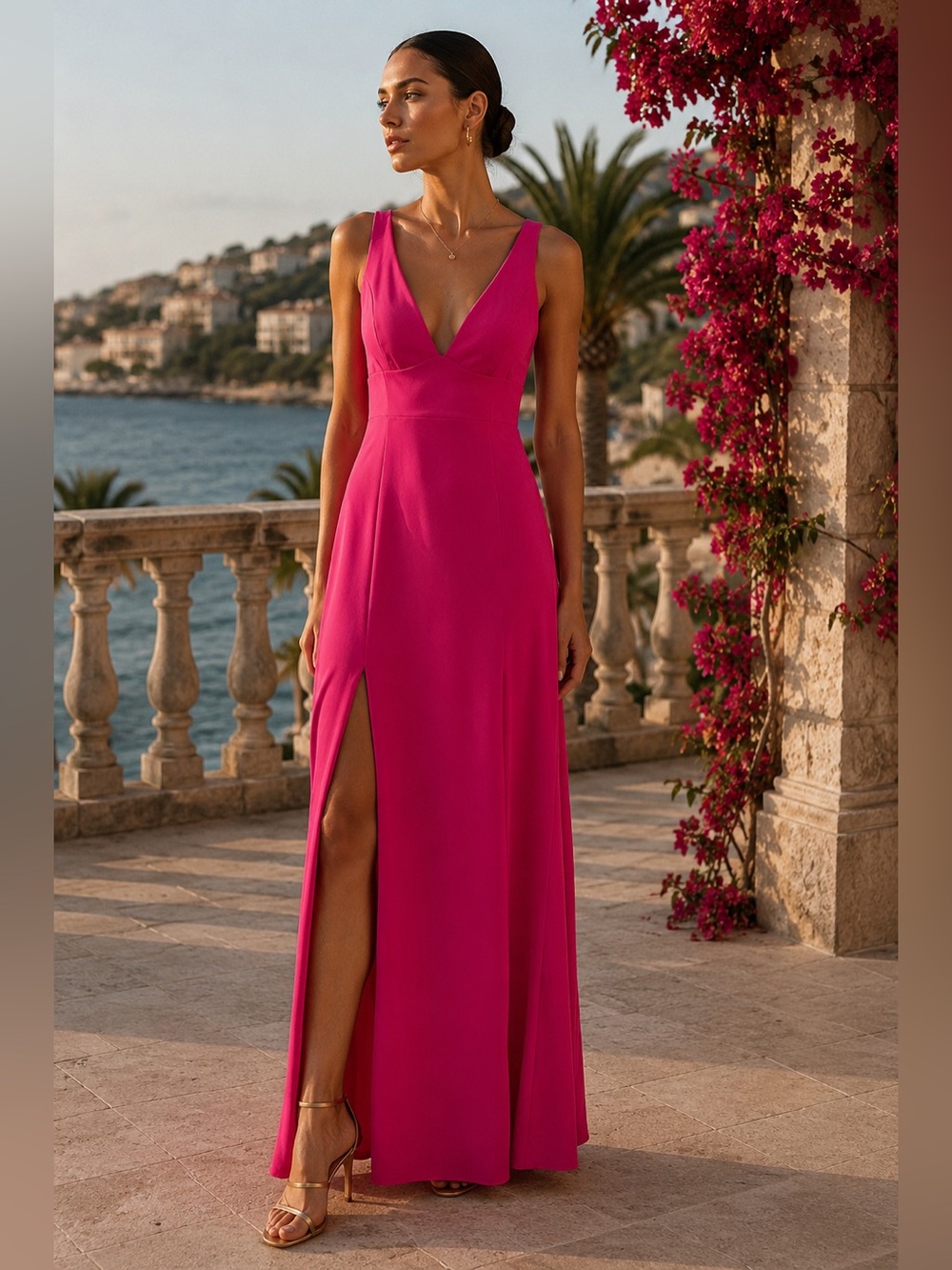 Premier Hot Pink Sleeveless V-Neck Maxi Dress with Side Slit